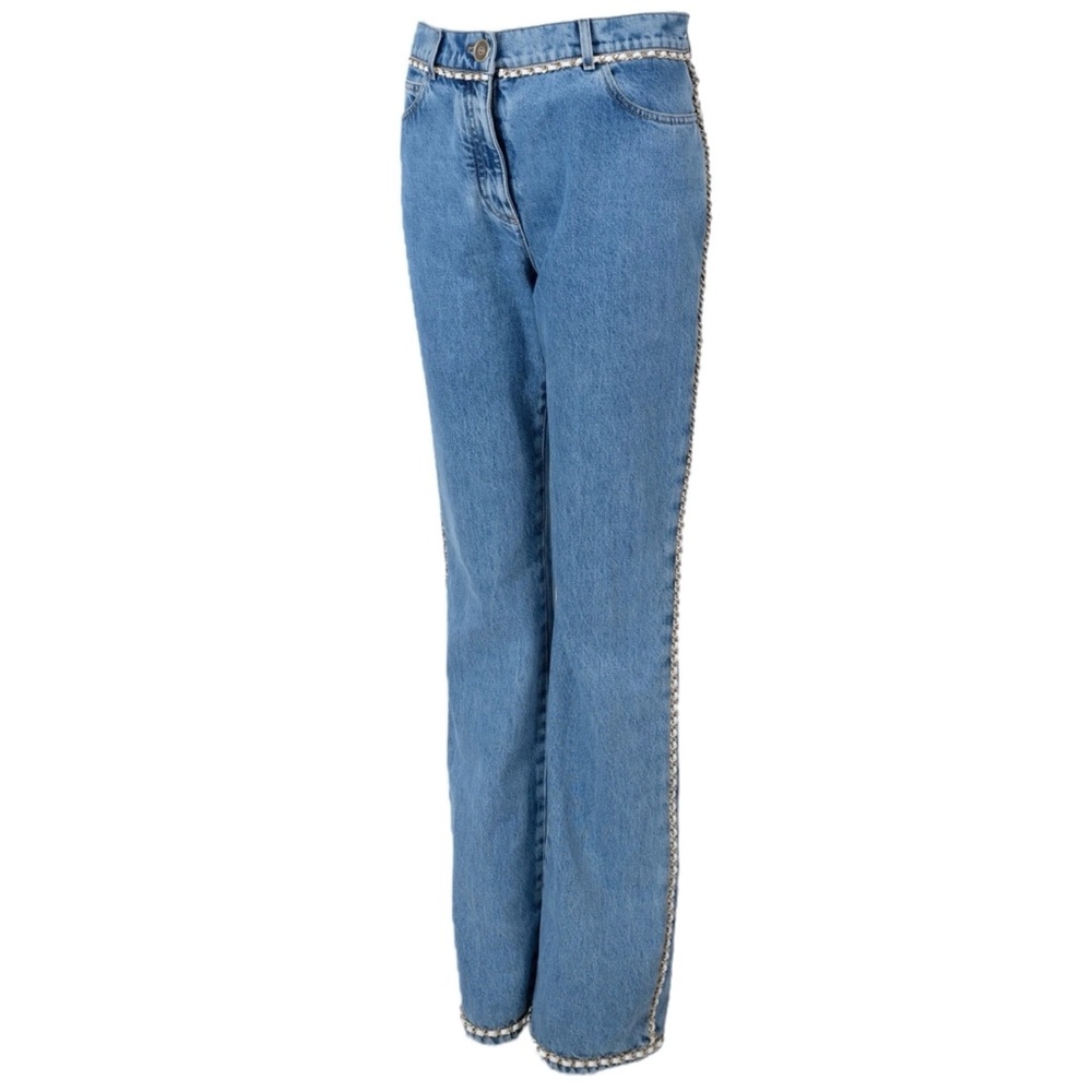 CHANEL 23N COCO NEIGE BLUE STRAIGHT JEANS WITH WHITE LEATHER CHAIN TRIMS SIZE 36 - Picture 15 of 16